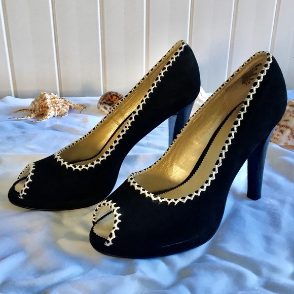 Colin Stuart Shoes - Colin Stuart Black Suede Crochet Peep Toe Heel